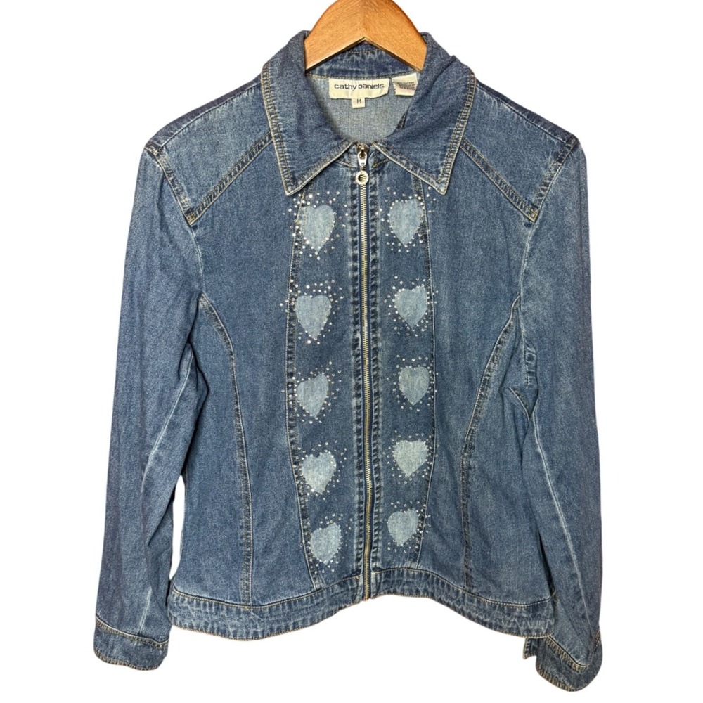Cathy Daniels Women Medium Blue Denim Heart Rhinestone Zip Front Jacket RN 67830